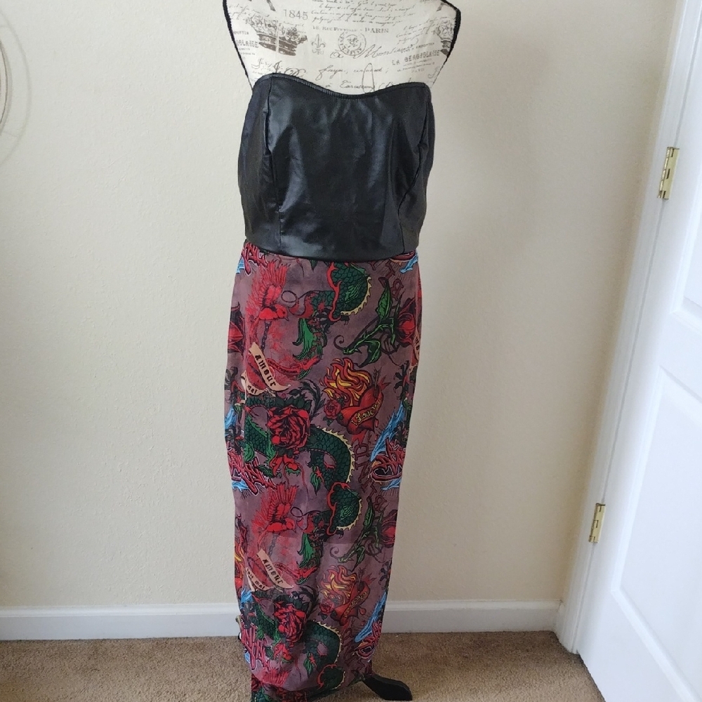 Fashion Nova Red And Black Paisley Print Vegan Leather Strapless Maxi Dress